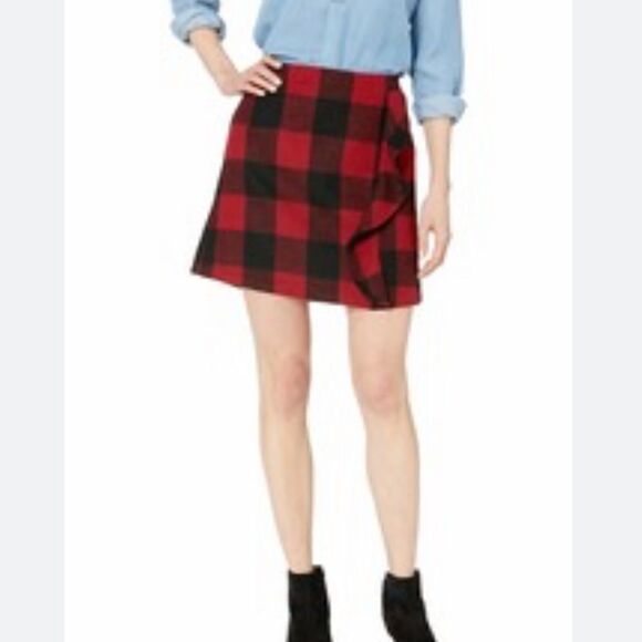 J. Crew Factory Red Black Buffalo Plaid Check Ruffle Side Mini Skirt - Picture 1 of 11